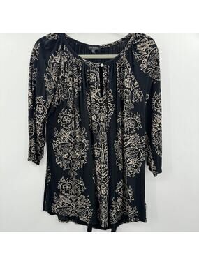 Lucky Brand Boho Print Keyhole Top Size 1X Black Multi Artsy Lightweight Viscose
